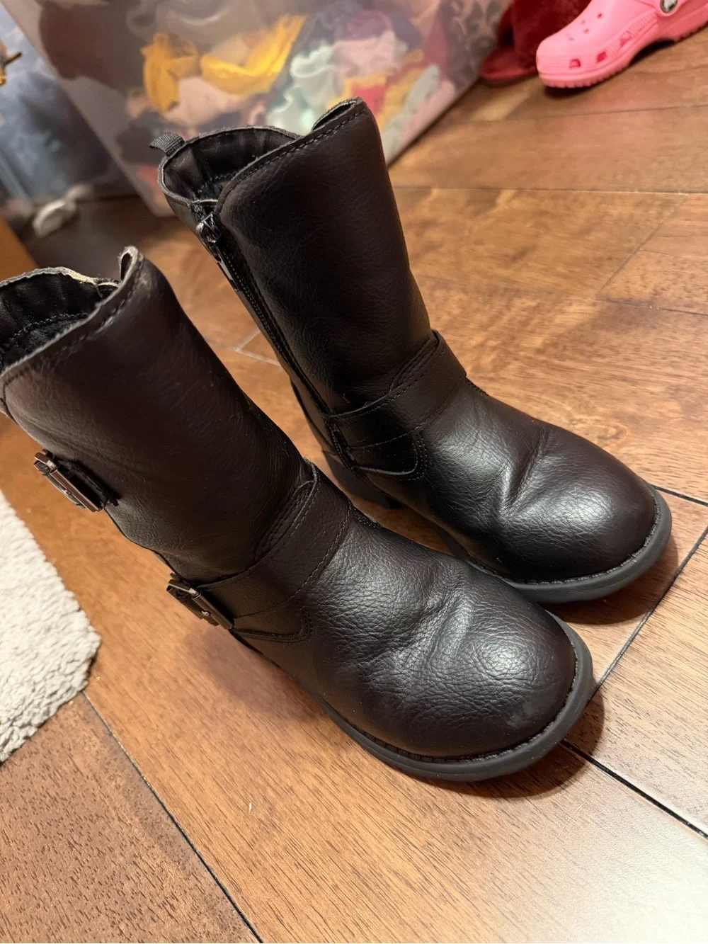Black Buckle Mid-Calf Leather Boots